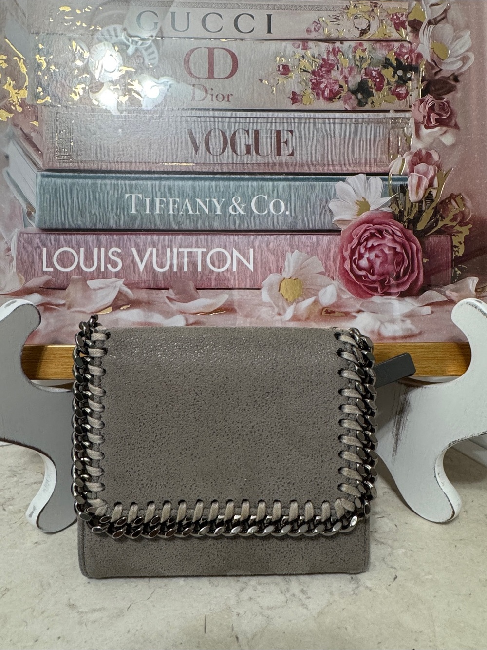 Stella McCartney grey vegan suede compact wallet with silver chain EUC